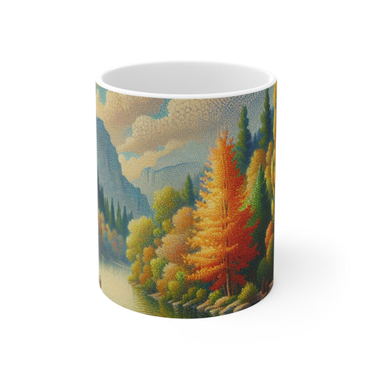 "Serenity in Dots: A Pointillism Sunset at the Beach" - The Alien Ceramic Mug 11oz Pointillism