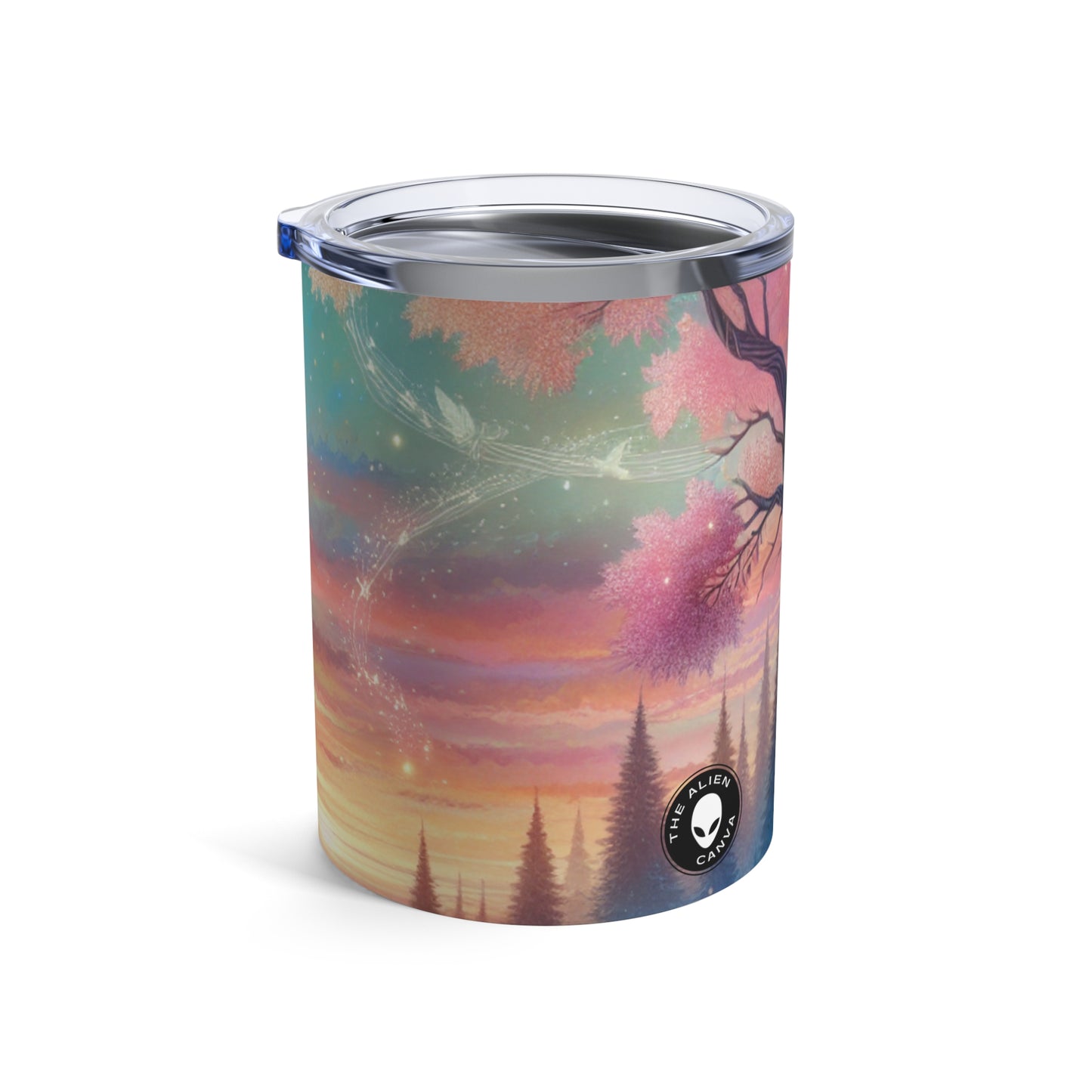 "Atardecer encantado: una pintura de un bosque mágico" - Vaso Alien de 10 oz