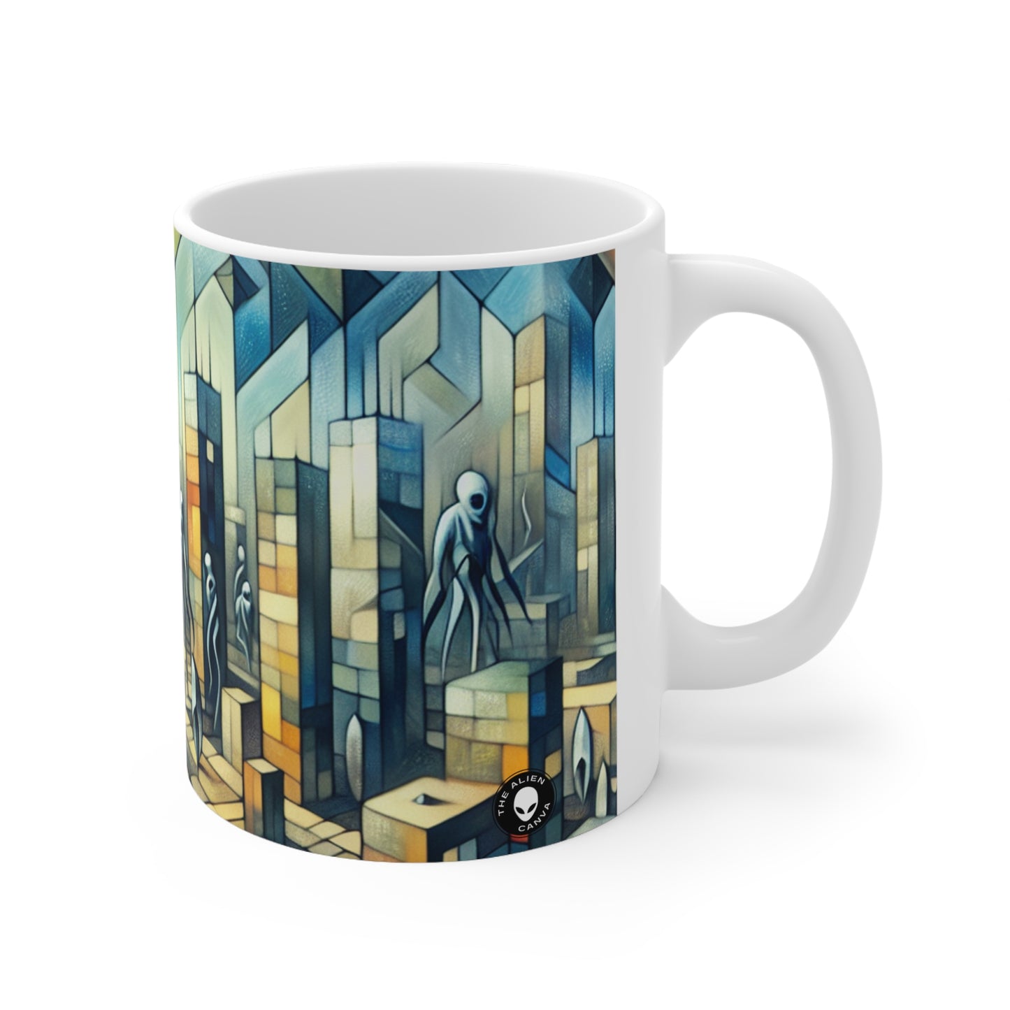 "Cubismo en una ciudad futurista invadida por extraterrestres". - Taza de cerámica The Alien 11oz Una ciudad futurista invadida por extraterrestres en estilo artístico cubista