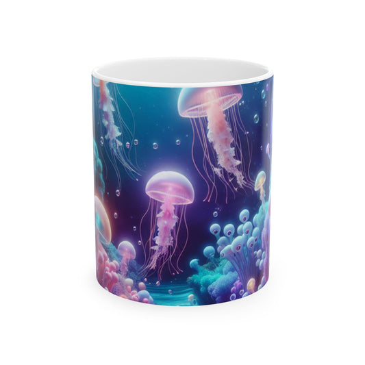 Enchanting Underwater Realm: Glowing Jellyfish and Curious Octopus - The Alien Ceramic Mug 11oz