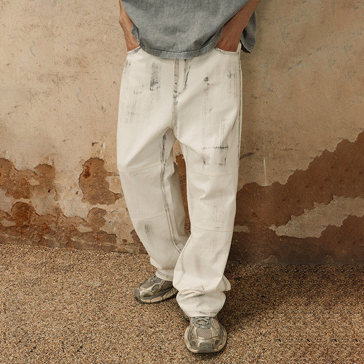 Spray Paint Printed High Street Straight Loose Casual Retro Trousers