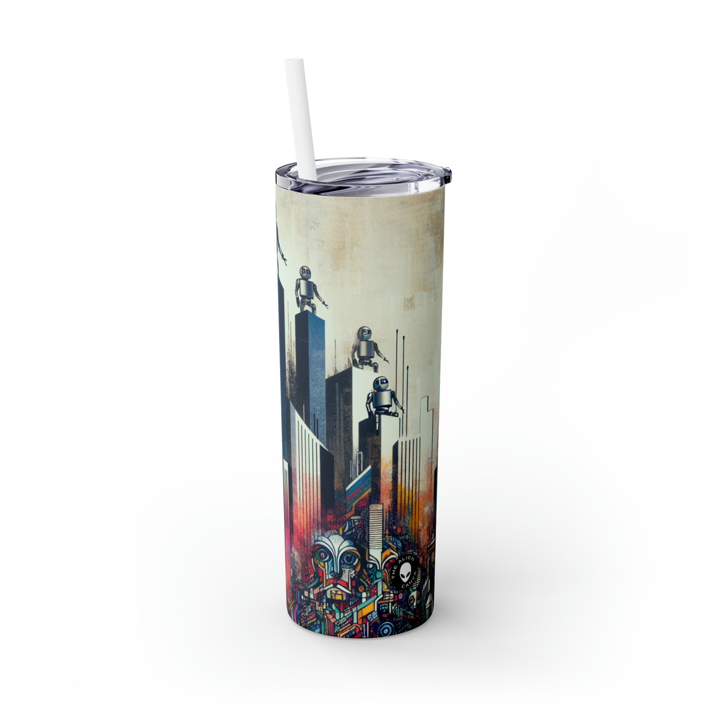 "Robotic Cityscape: A Futuristic Mural" - The Alien Maars® Skinny Tumbler with Straw 20oz Street Art / Graffiti