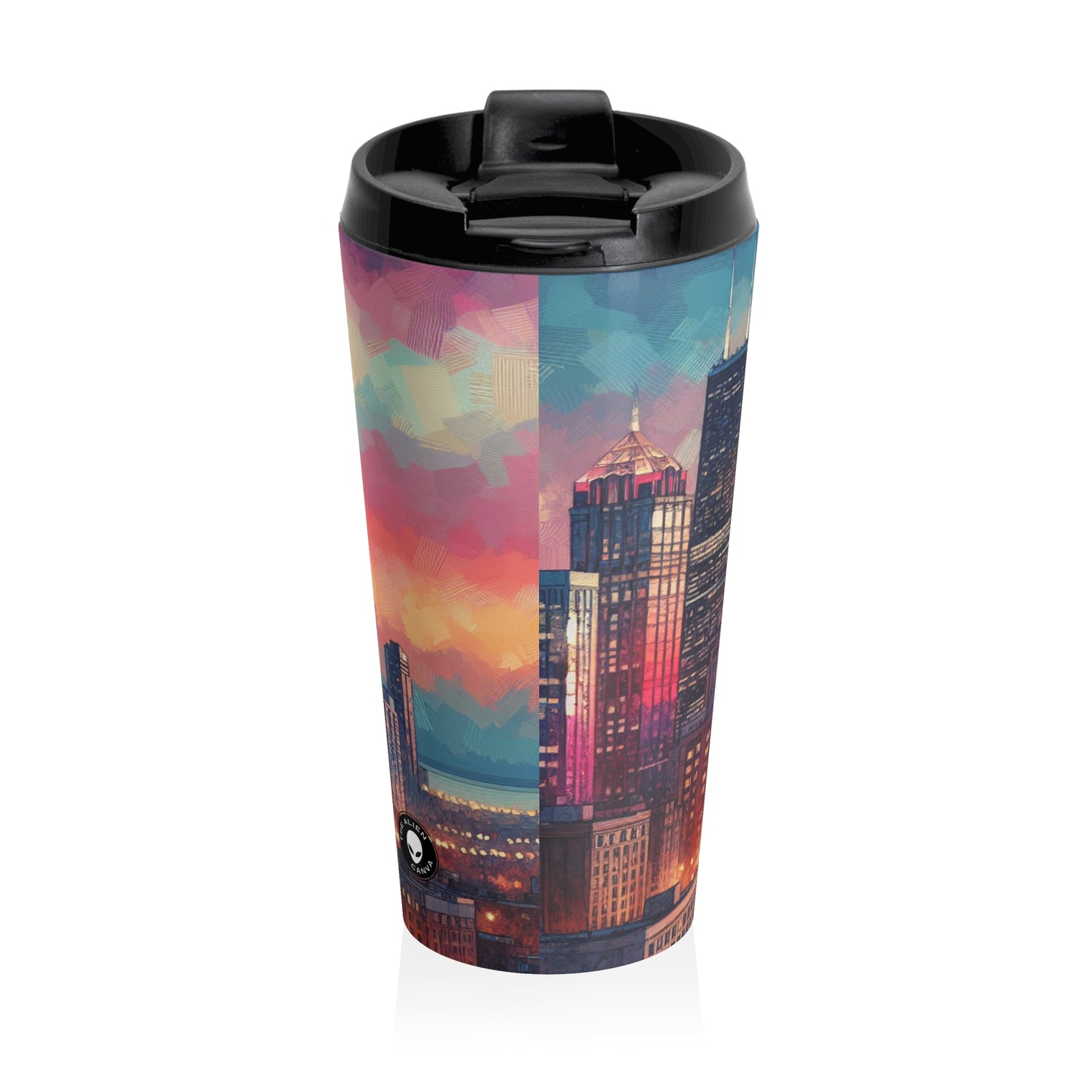 "Dusky Reflections: City Skyline at Sunset" - The Alien Stainless Steel Travel Mug