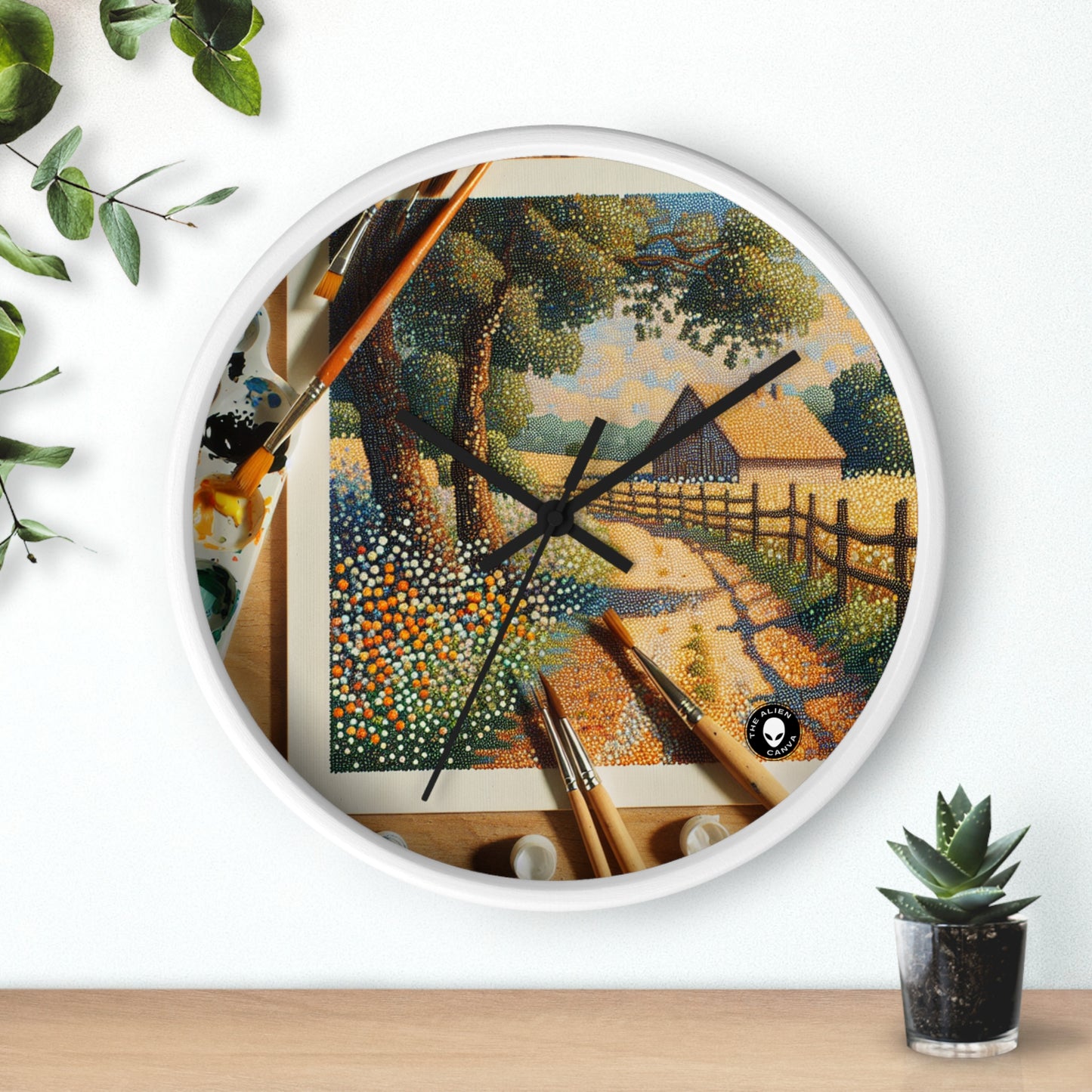 "Autumn Bliss: Pointillism Forest" - The Alien Wall Clock Pointillism