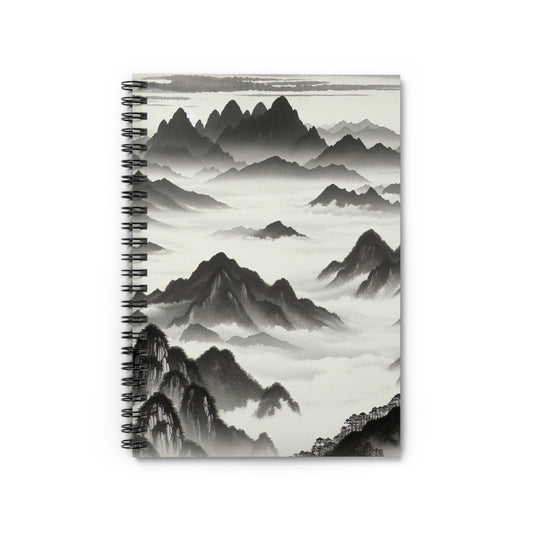 "Misty Peaks in the Fog" - The Alien Spiral Notebook (Ligne Lignée) Style de peinture à l'encre
