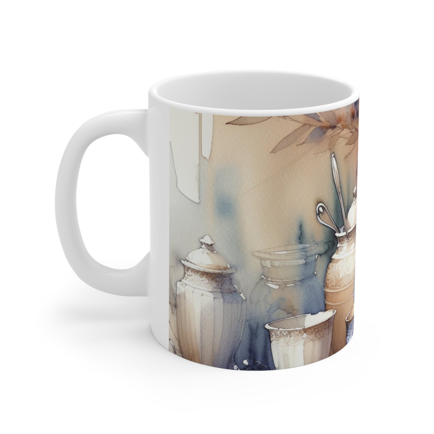 "Un atardecer tranquilo junto al río" - Taza de cerámica alienígena, pintura de acuarela de 11 oz