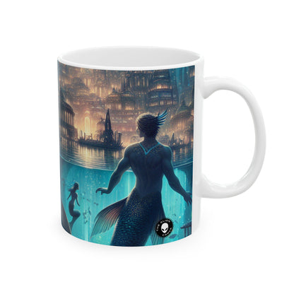 "Atlántida iluminada: una ciudad de criaturas marinas místicas" - Taza de cerámica alienígena de 11 oz