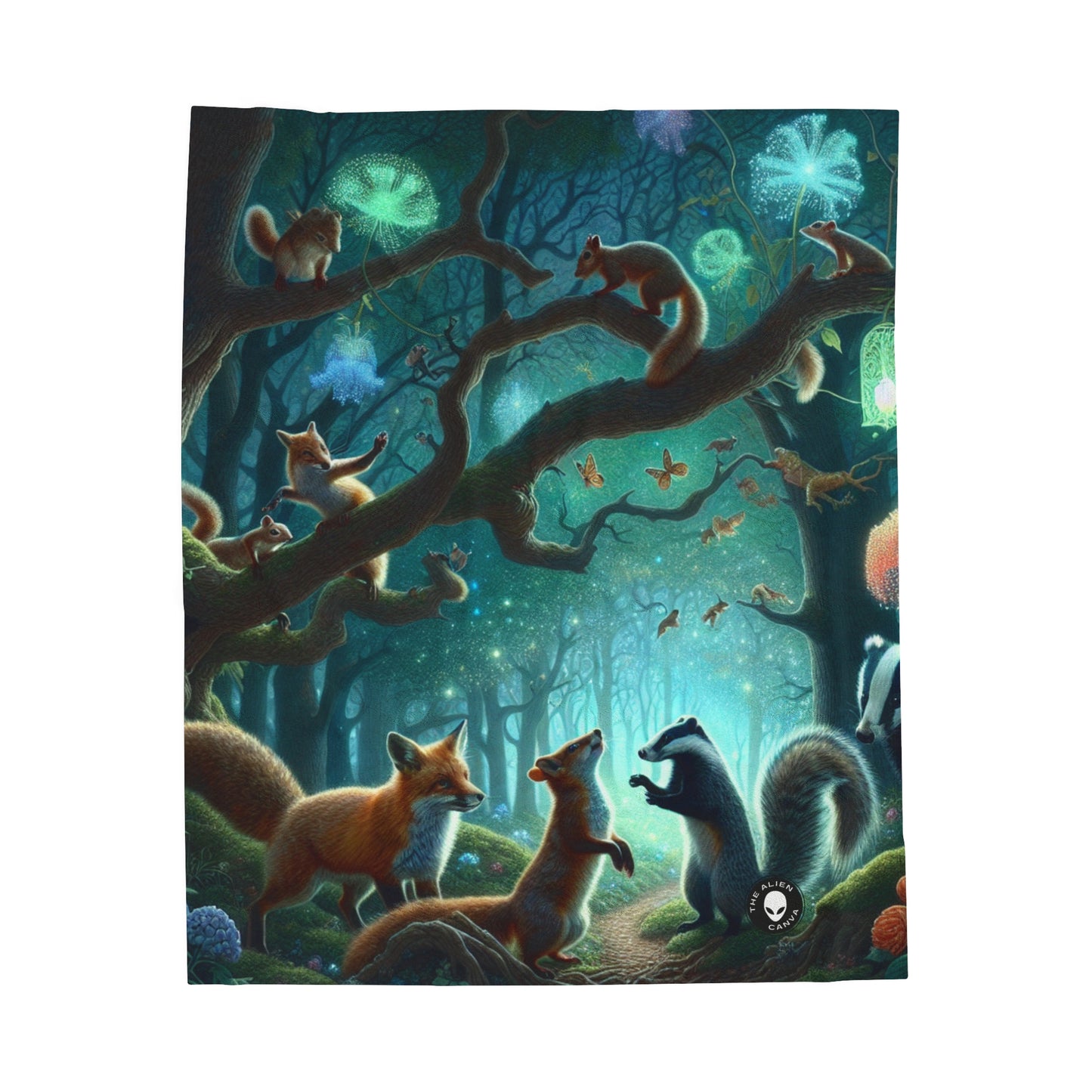 "Mystical Menagerie: Creatures frolicking in an enchanted forest" - The Alien Velveteen Plush Blanket