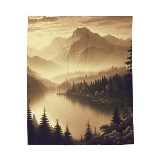 "L'aube au lac : un matin brumeux dans les montagnes" - La couverture en peluche Alien en velours de style tonalisme