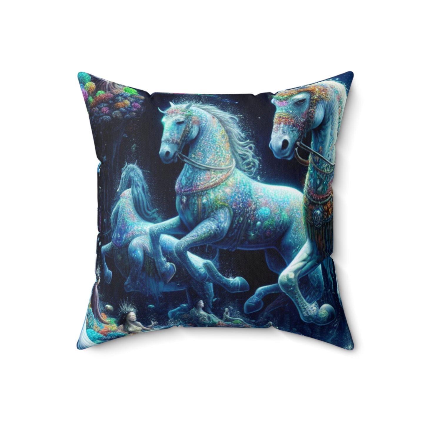 "Enchanted Underwater Realm: Mermaids and Seahorses"- The Alien Spun Polyester Square Pillow