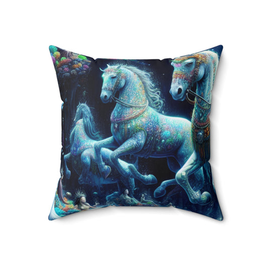 "Enchanted Underwater Realm: Mermaids and Seahorses"- The Alien Spun Polyester Square Pillow