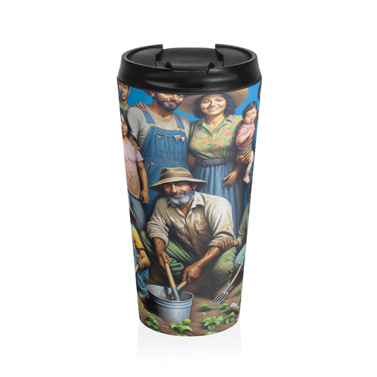 "Reaping Hope: A Migrant Family in the Garden" - The Alien Stainless Steel Travel Mug Social Realism Style