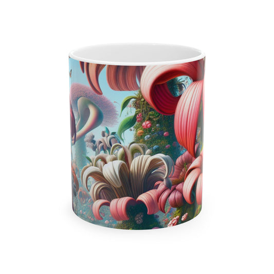 « Jardin fantaisiste : grandes fleurs et petites créatures » – Tasse en céramique Alien 11 oz