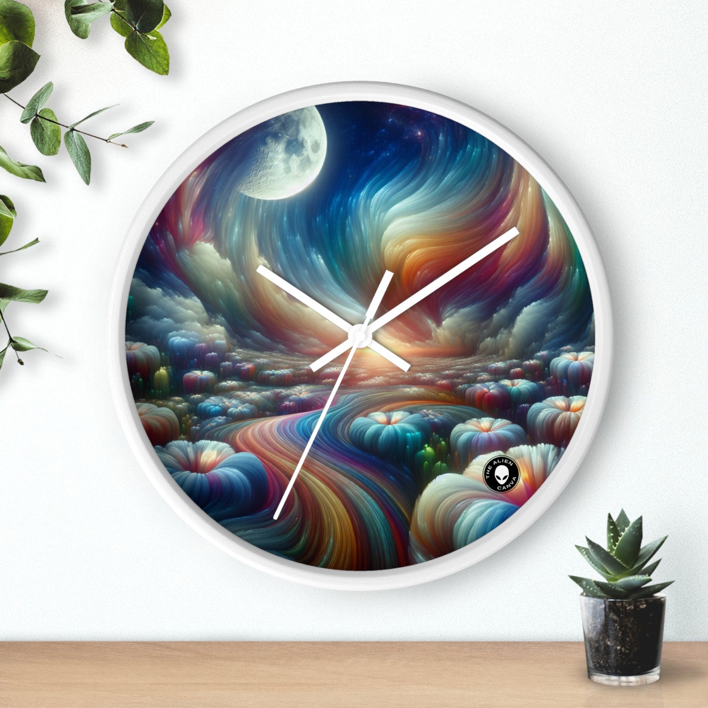 "Rainbow Sky, Moonlit Flowers" - The Alien Wall Clock