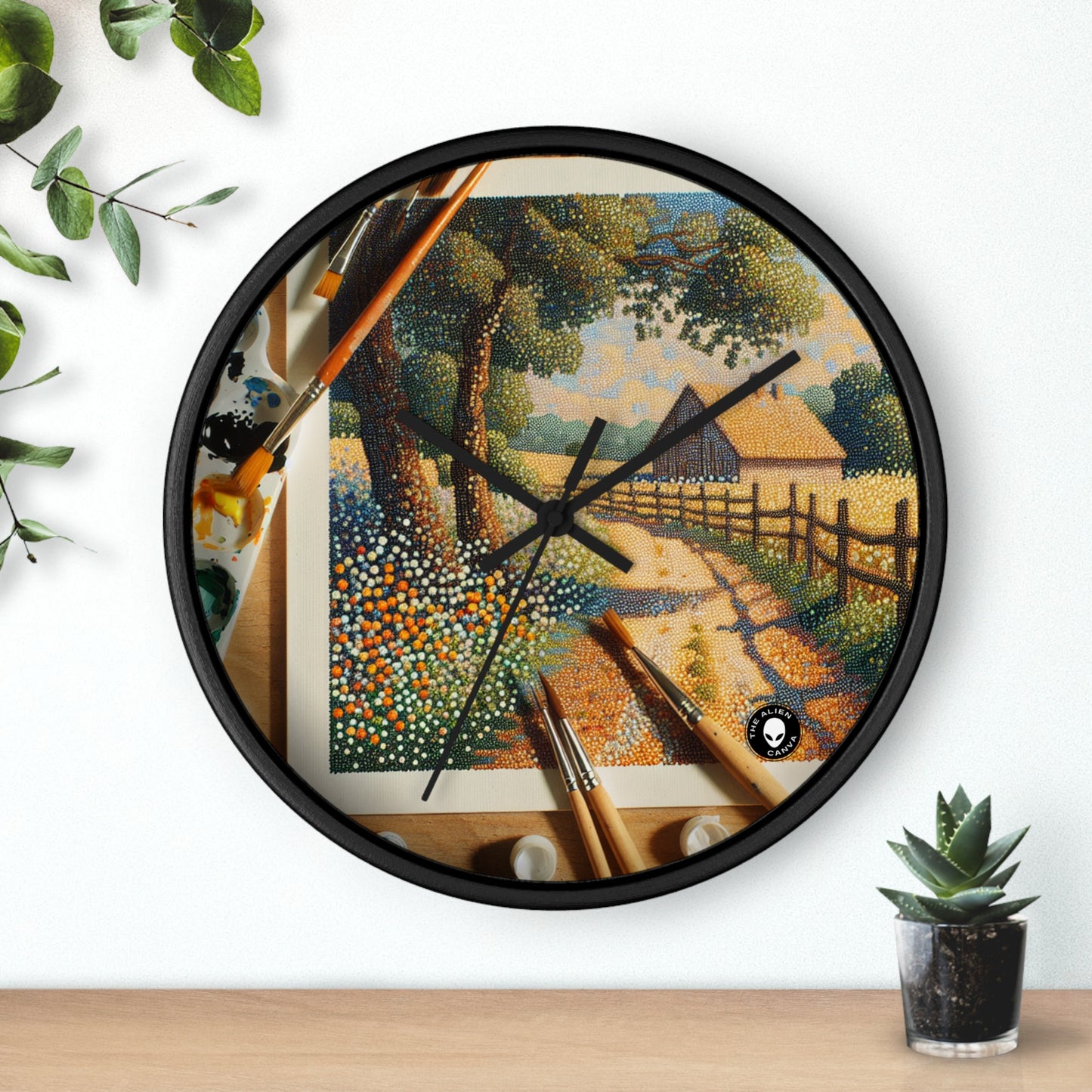 "Autumn Bliss: Pointillism Forest" - The Alien Wall Clock Pointillism