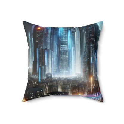 "Neon Nightscapes: A Futuristic City Adventure"- The Alien Spun Polyester Square Pillow