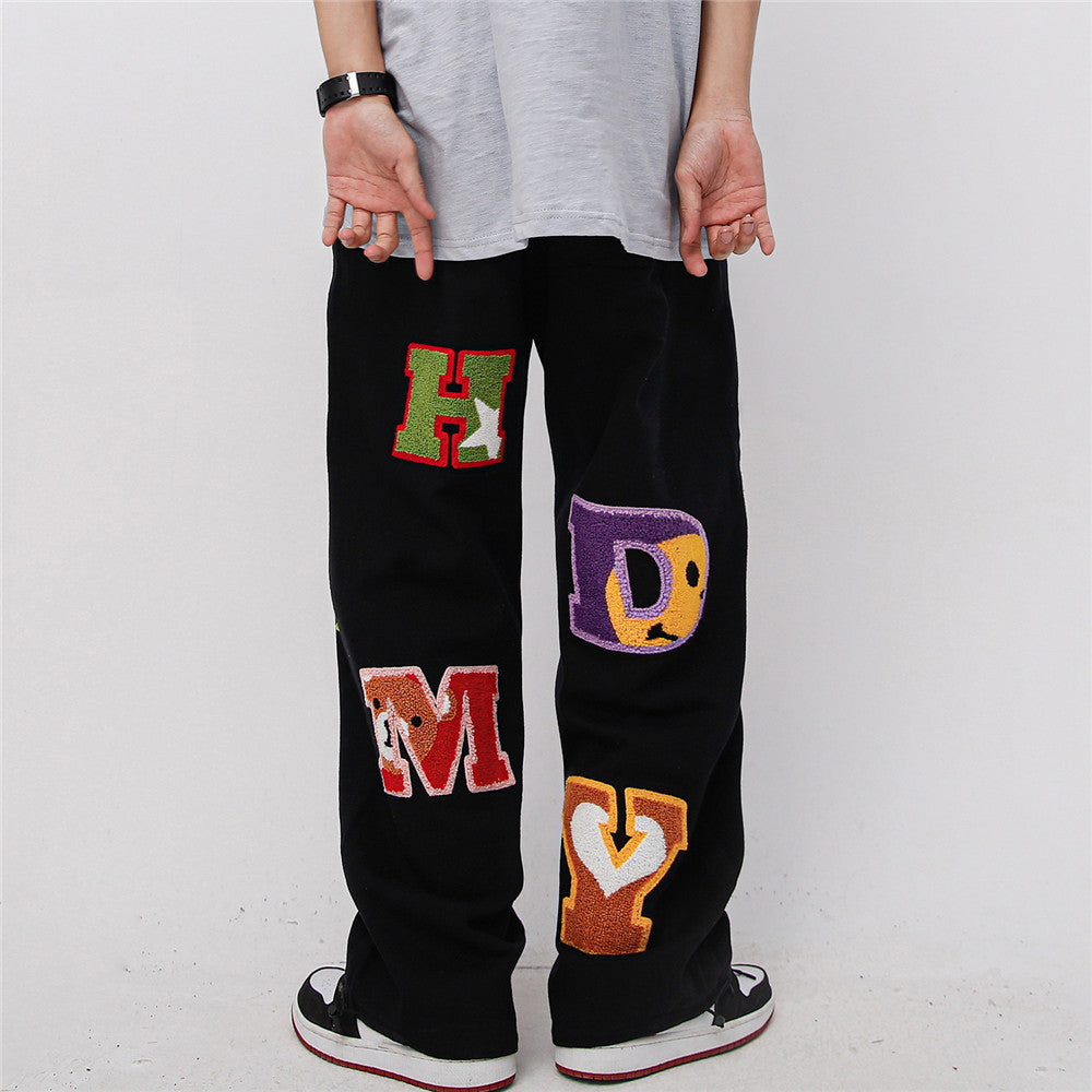 Towel Embroidery Letter Printed Sweatpants Men's Loose