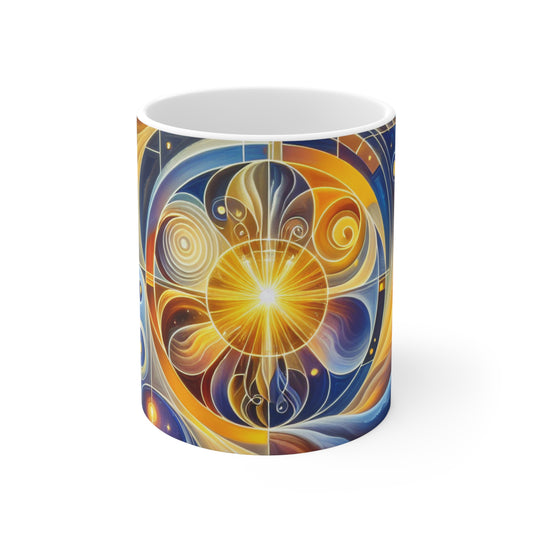 "Divinidad ascendente: un despertar espiritual en geometría vibrante" - La taza de cerámica alienígena de 11 oz estilo arte religioso