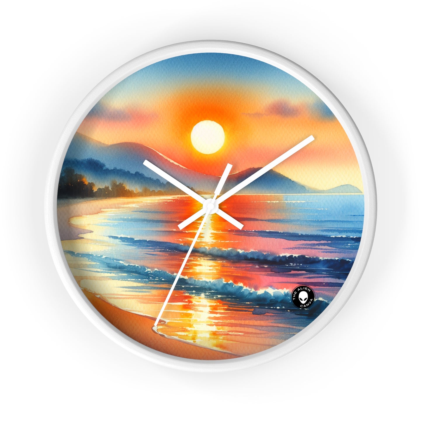 "Amanecer en la playa" - El reloj de pared alienígena Pintura en acuarela