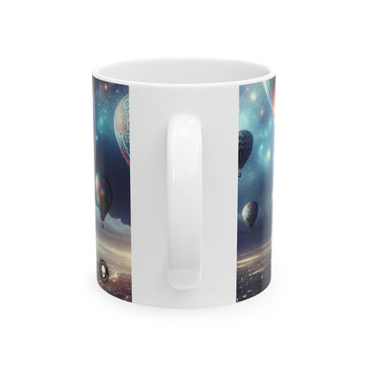 "Viaje nocturno estrellado: globos aerostáticos sobre la ciudad" - Taza de cerámica de 11 oz de The Alien