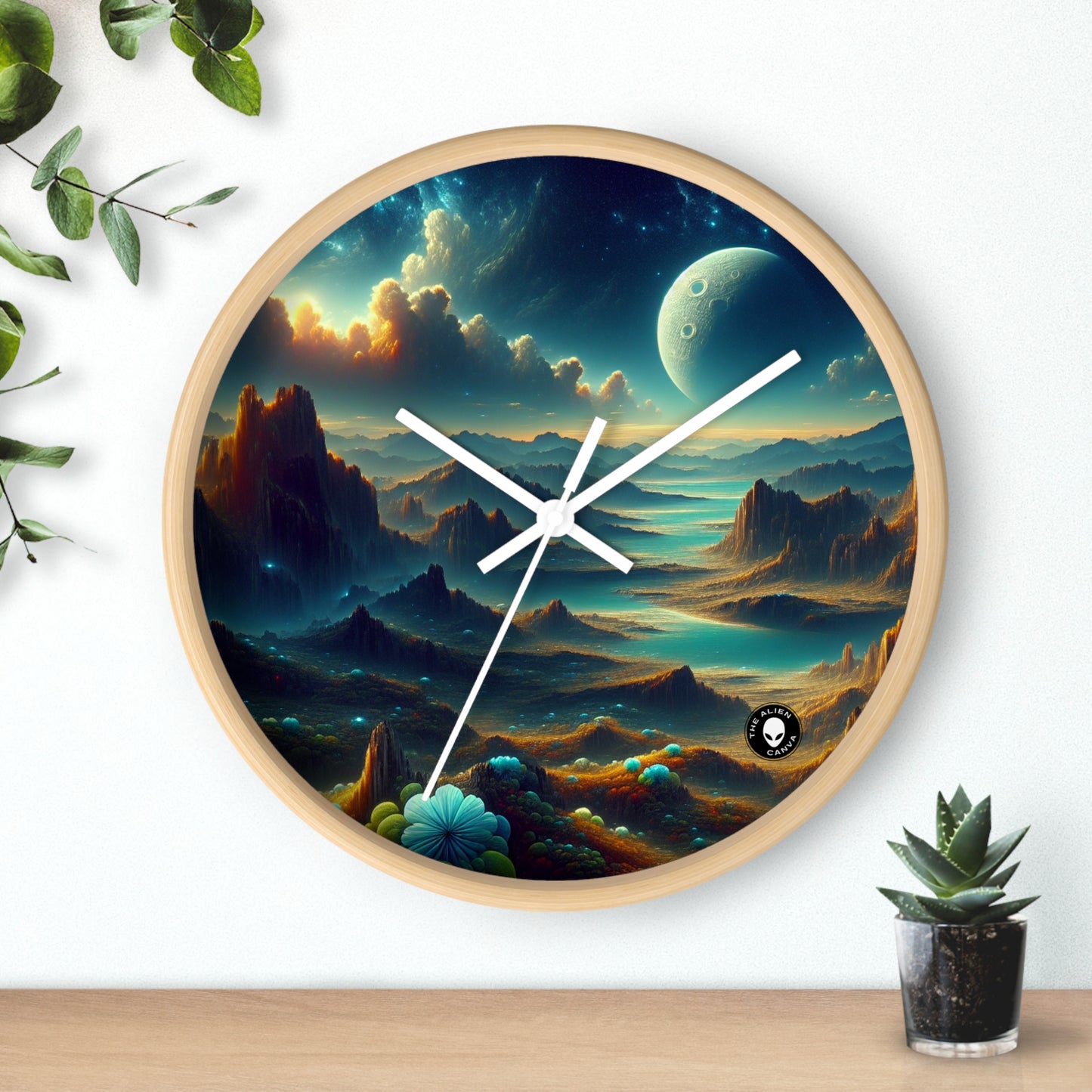 "Un Sueño Extraño: Un Mundo Desconocido en Detalle" - The Alien Wall Clock planetas no descubiertos en estilo hiperrealista