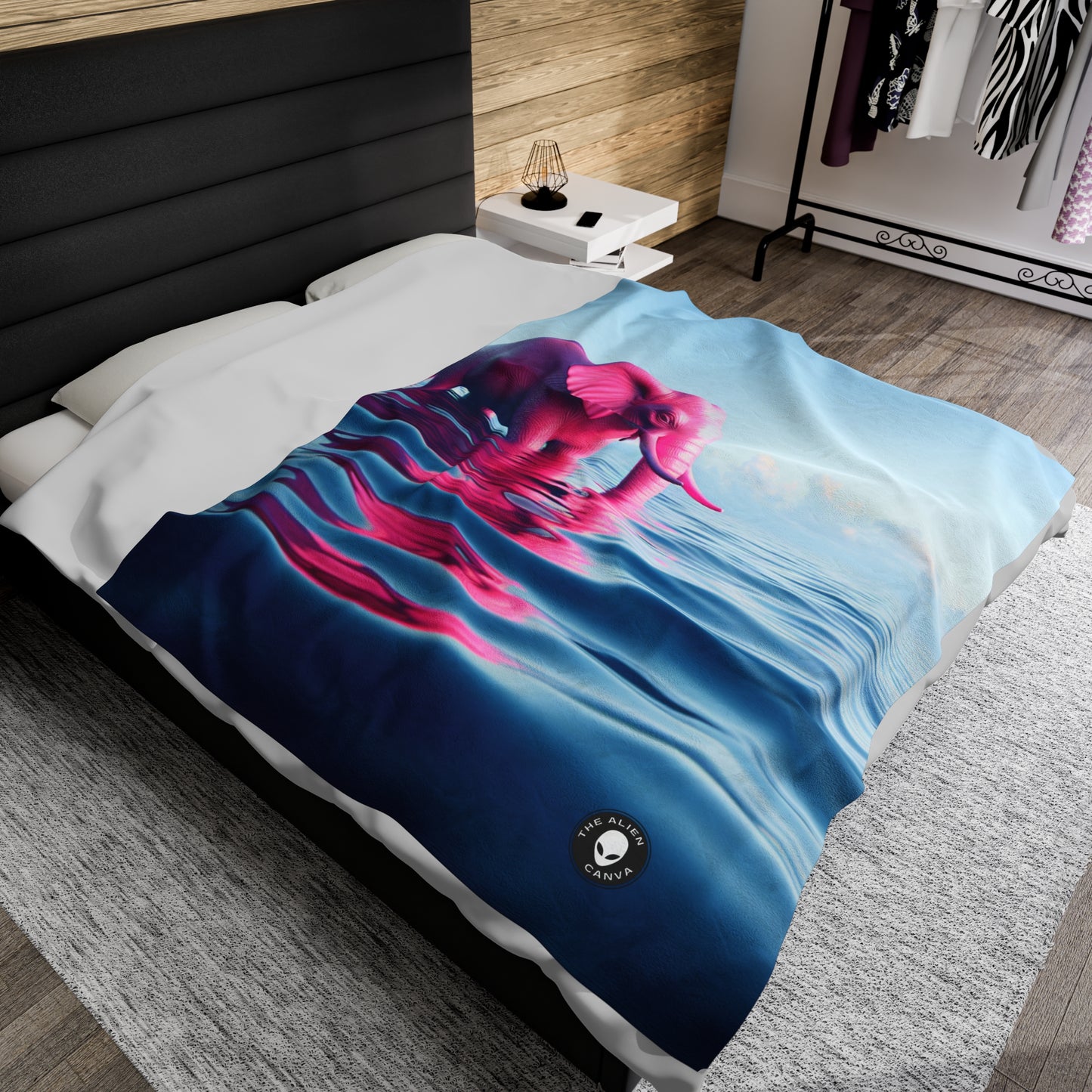 "The Pink Elephant in the Deep Blue Sea" - The Alien Velveteen Plush Blanket A pink elefant floating in the ocean