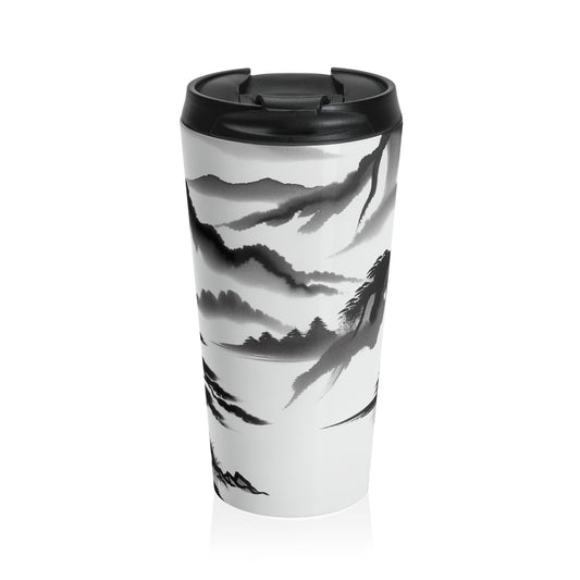 "Reflejo de la montaña: una serena pintura con tinta zen" - La taza de viaje de acero inoxidable alienígena Pintura con tinta zen