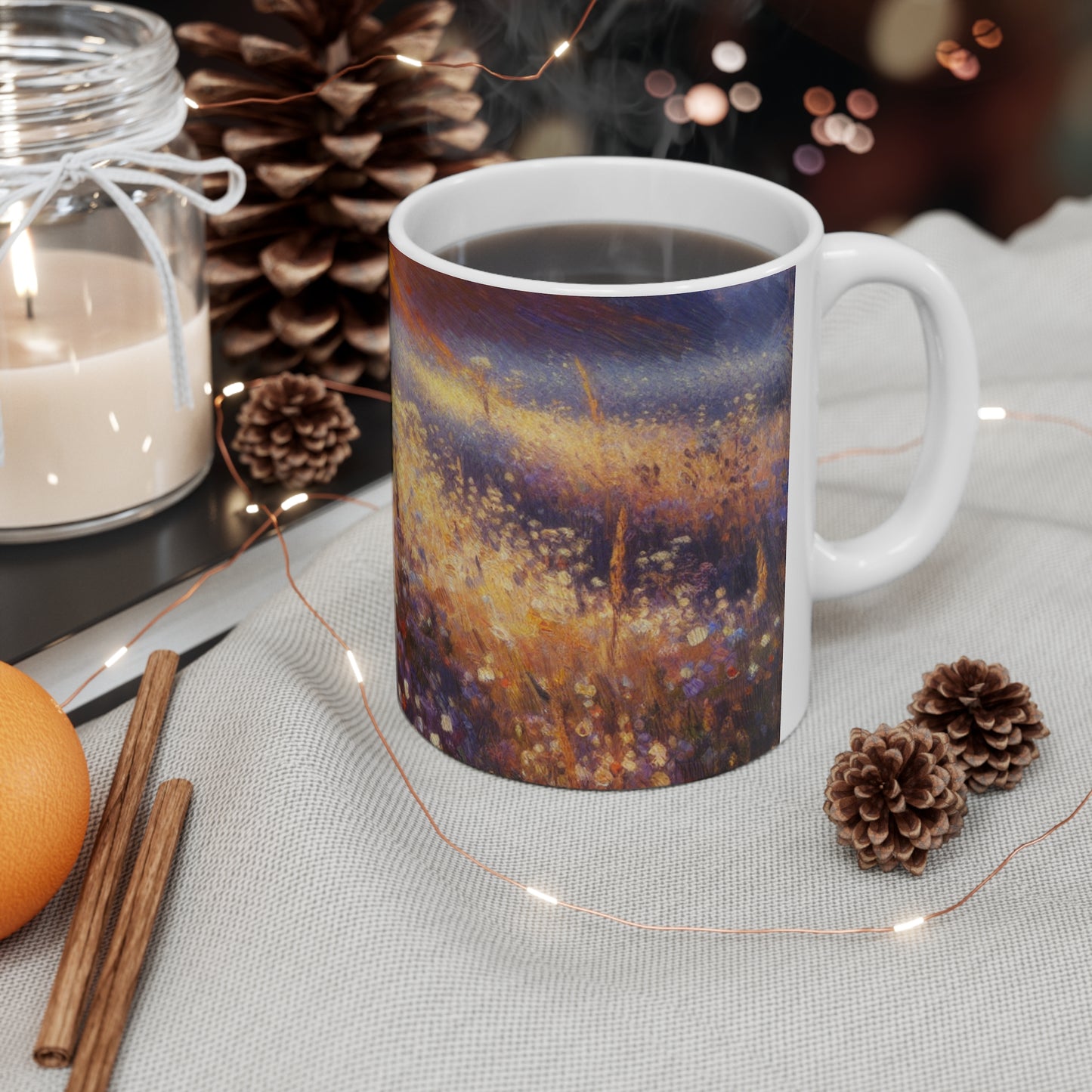 "Wildflower Sunrise" - Taza de cerámica alienígena estilo impresionista de 11 oz