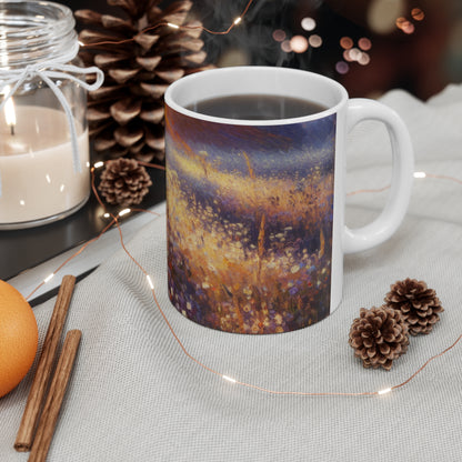 "Wildflower Sunrise" - Taza de cerámica alienígena estilo impresionista de 11 oz