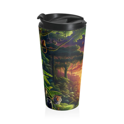 "Atardecer en la jungla: un encuentro salvaje" - Taza de viaje de acero inoxidable de Alien