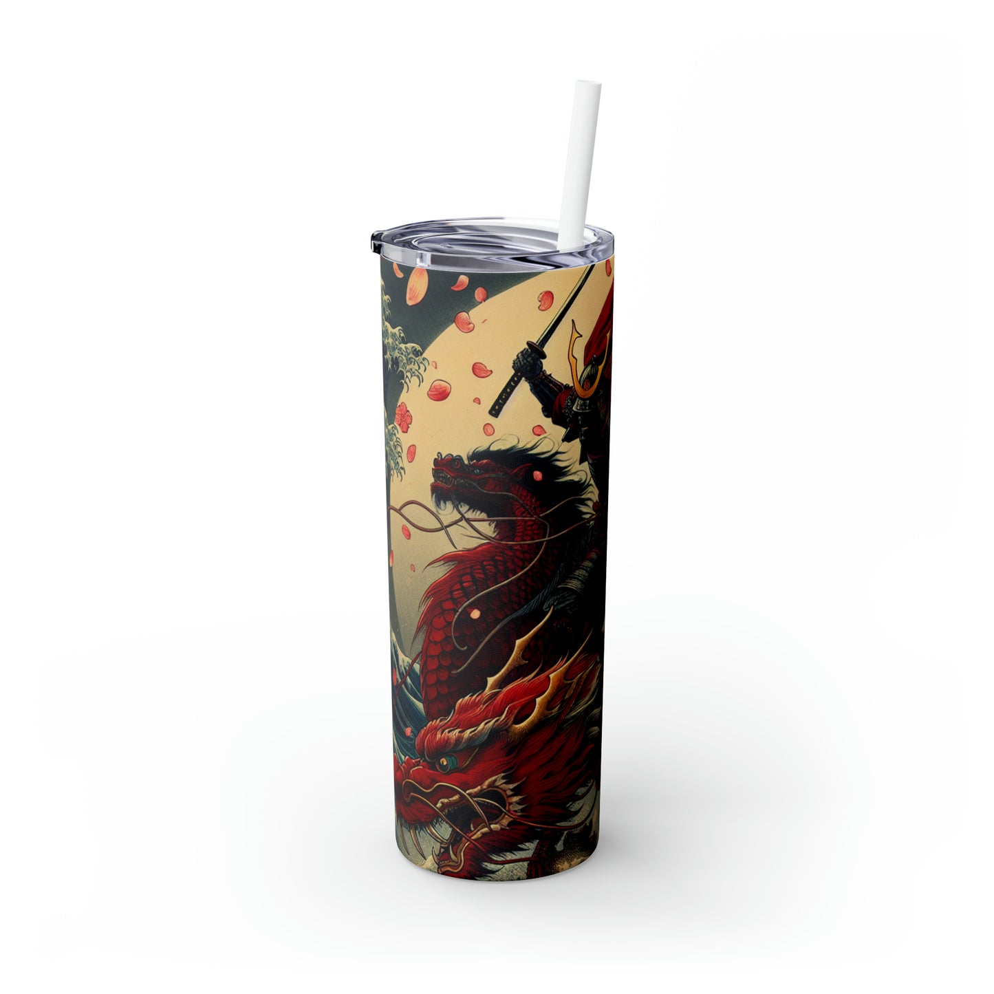 "Storming into Battle: A Samurai's Tale" - The Alien Maars® Skinny Tumbler with Straw 20oz Ukiyo-e (Japanese Woodblock Printing) Style