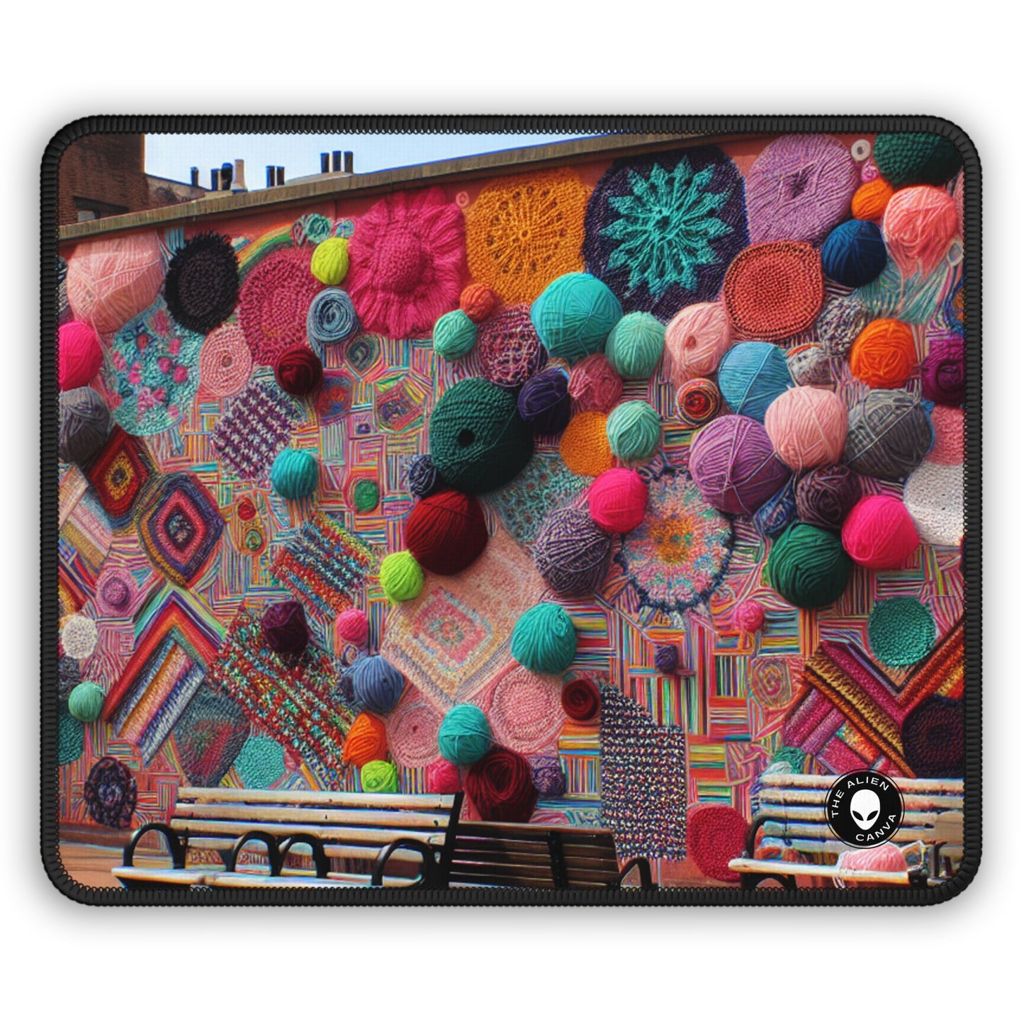 "Yarn of Joy: A Colorful Outdoor Mural" - The Alien Gaming Mouse Pad Yarn Bombing (Fiber Art)