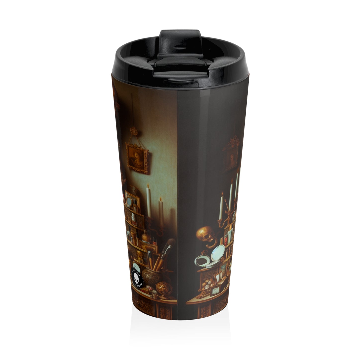 "The Vanity of Luxury: A Modernized Vanitas" - The Alien Stainless Steel Travel Mug Vanitas Painting