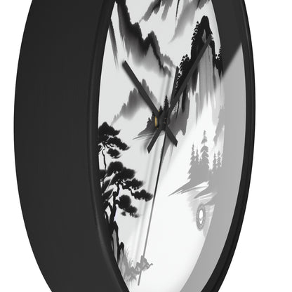 "Reflejo de la montaña: una serena pintura con tinta zen" - El reloj de pared alienígena Pintura con tinta zen