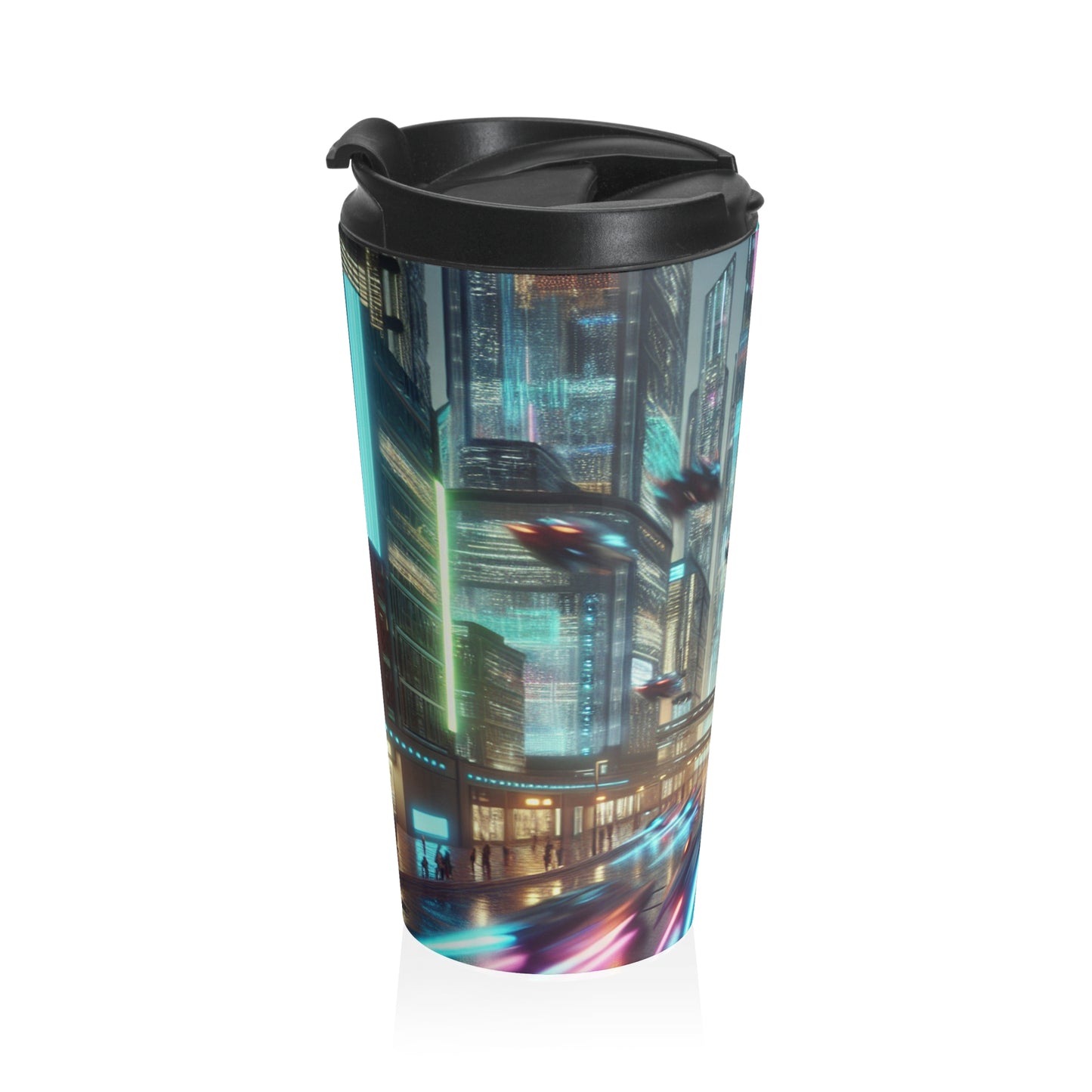 Neon Rain: A Futuristic Cityscape - The Alien Stainless Steel Travel Mug