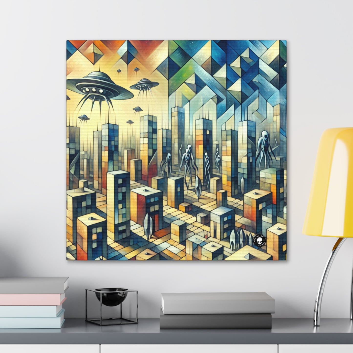 "Cubism in a Futuristic, Alien-Invaded City". - The Alien Canva A futristic city invaded by aliens in cubism art style