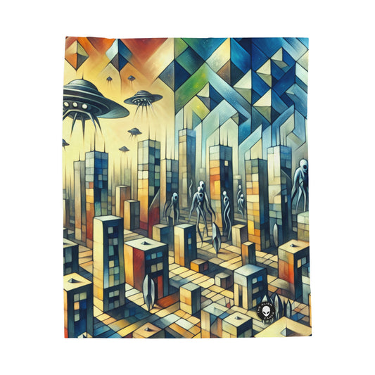 "Cubism in a Futuristic, Alien-Invaded City". - The Alien Velveteen Plush Blanket A futristic city invaded by aliens in cubism art style