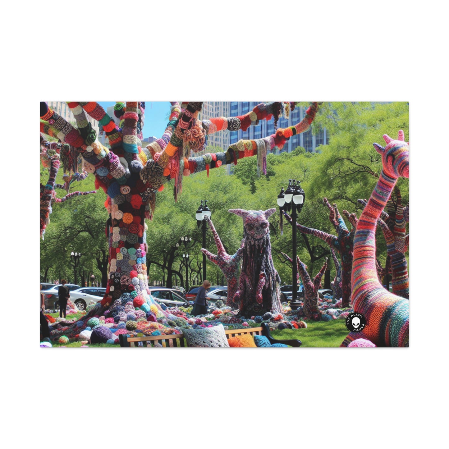 Title: "Yarnscaped City: A Whimsical Fiber Art Fusion" - The Alien Canva Yarn Bombing (Fiber Art)