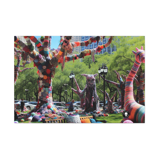 Title: "Yarnscaped City: A Whimsical Fiber Art Fusion" - The Alien Canva Yarn Bombing (Fiber Art)