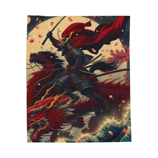 "Storming into Battle: A Samurai's Tale" - The Alien Velveteen Plush Blanket Ukiyo-e (Japanese Woodblock Printing) Style