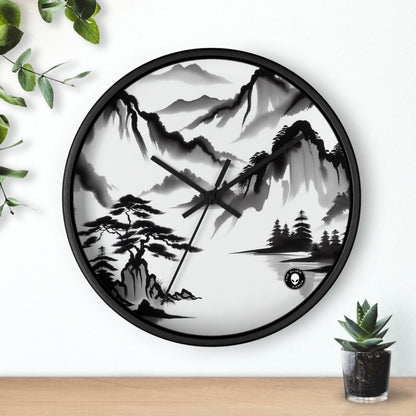 "Reflejo de la montaña: una serena pintura con tinta zen" - El reloj de pared alienígena Pintura con tinta zen