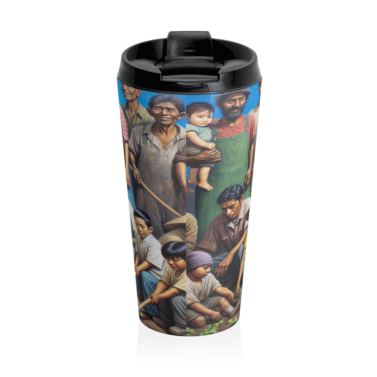 "Reaping Hope: A Migrant Family in the Garden" - The Alien Stainless Steel Travel Mug Social Realism Style