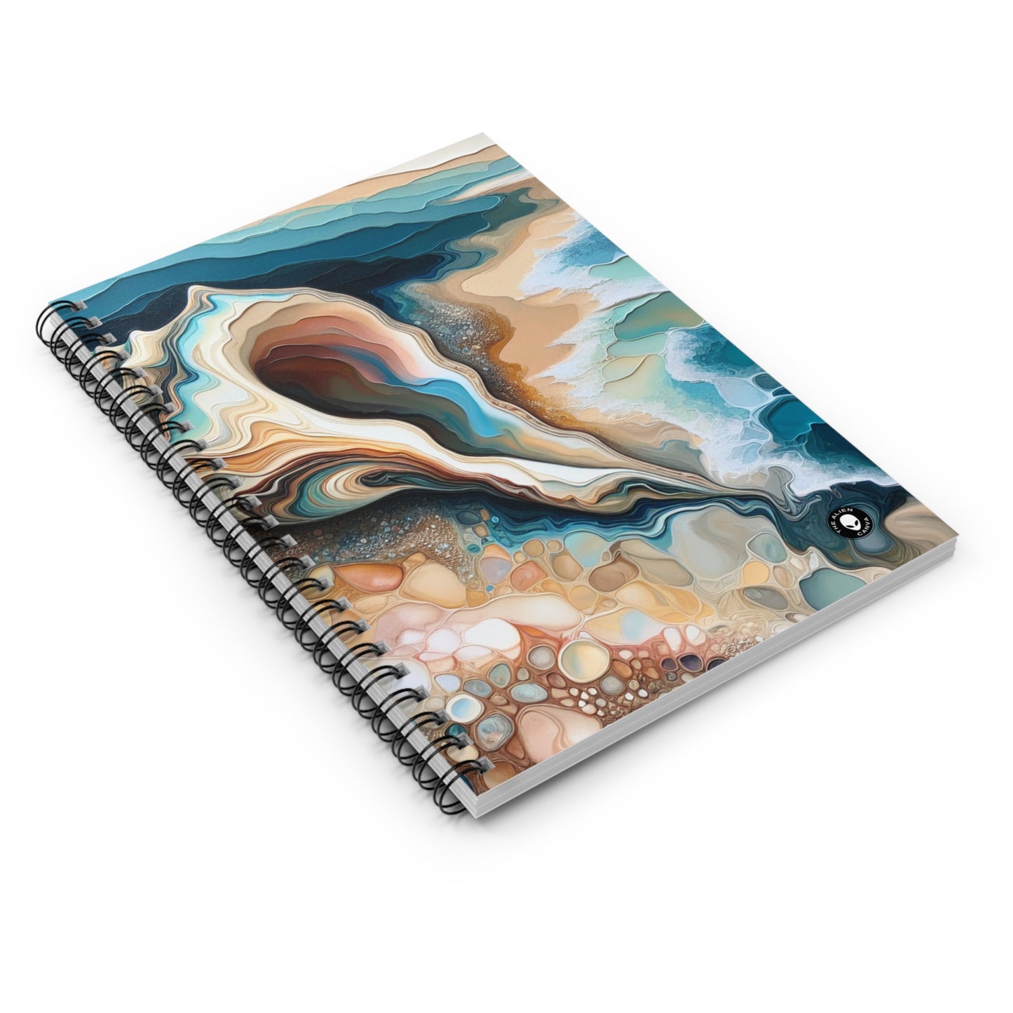 "Une vue sur la plage à travers un coquillage" - The Alien Spiral Notebook (Ligne Lignée) Acrylique Pouring