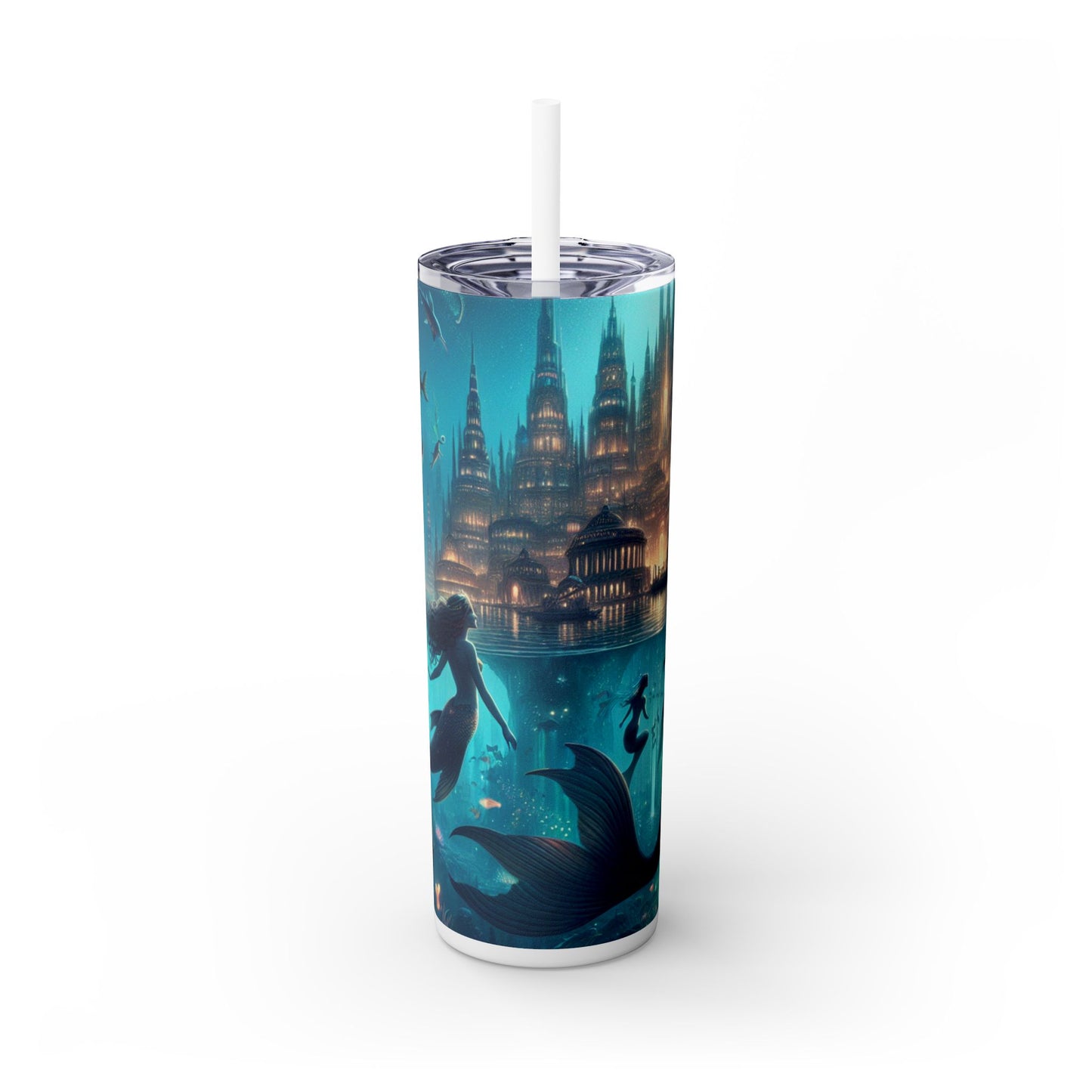 "Atlantis Illuminated: A City of Mystical Sea Creatures" - The Alien Maars® Skinny Tumbler with Straw 20oz