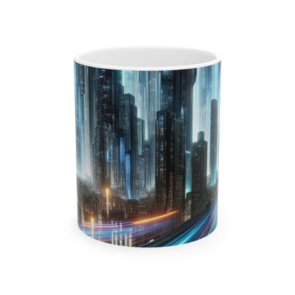 "Paisajes nocturnos de neón: una aventura urbana futurista" - Taza de cerámica alienígena de 11 oz