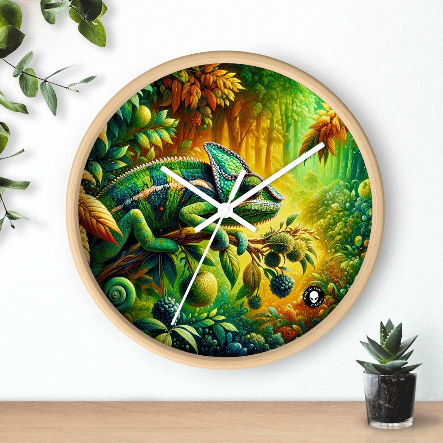 "Bosques vibrantes y el camuflaje camaleón" - El reloj de pared alienígena