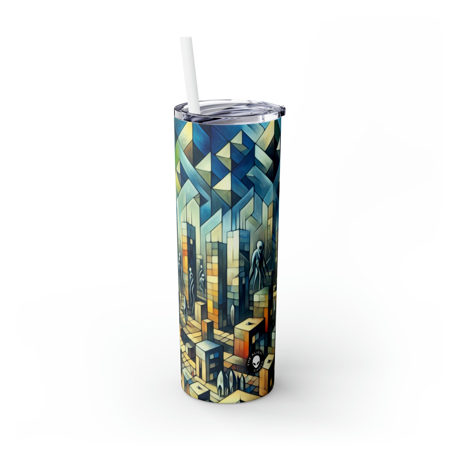 "Cubism in a Futuristic, Alien-Invaded City". - The Alien Maars® Skinny Tumbler with Straw 20oz A futristic city invaded by aliens in cubism art style