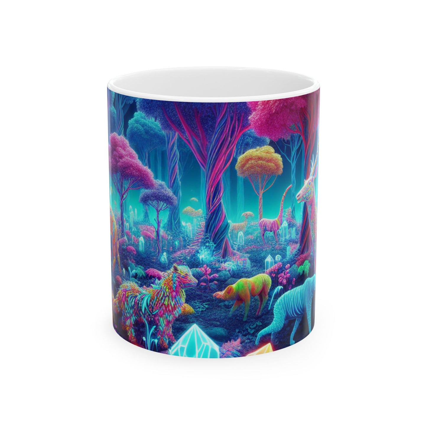 Taza de cerámica de 11 oz "Encantamiento resplandeciente: bosque de neón" de The Alien