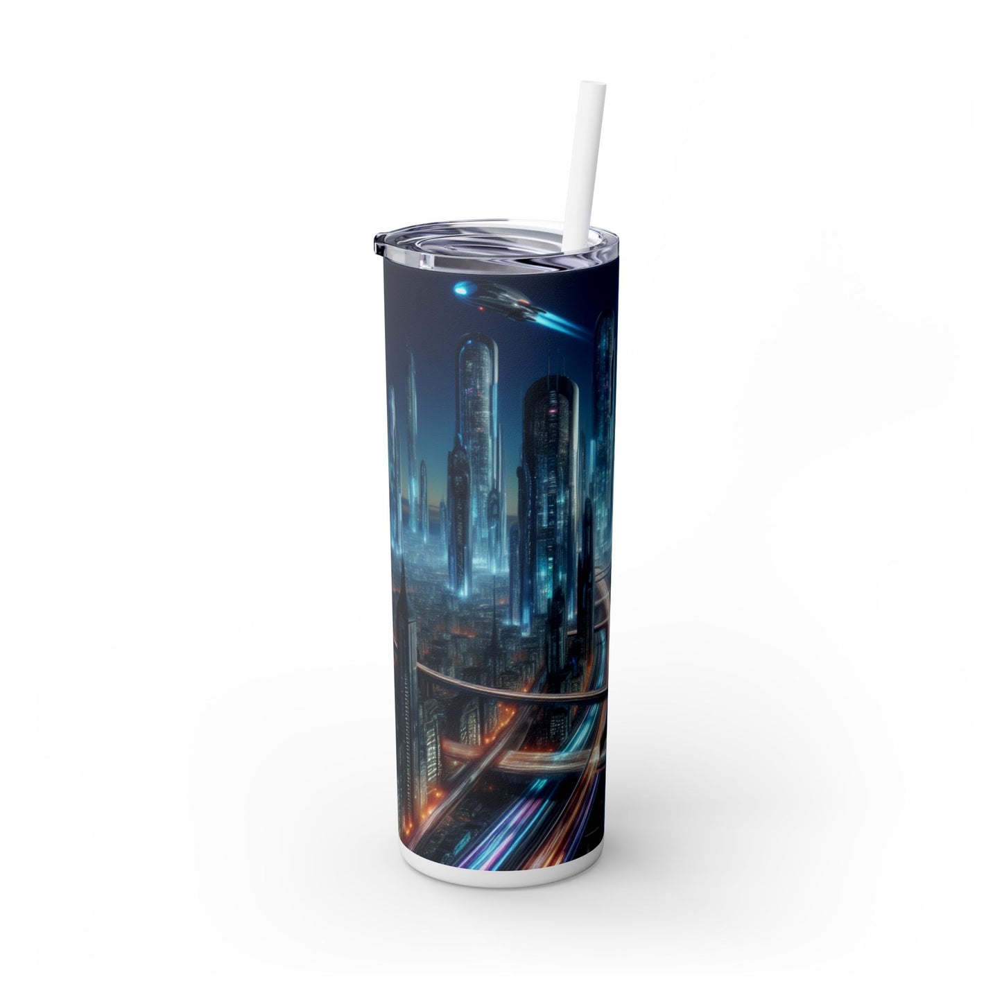 "Neon Skyline: Future Cityscapes" - Vaso delgado con pajita de 20 oz de Alien Maars®