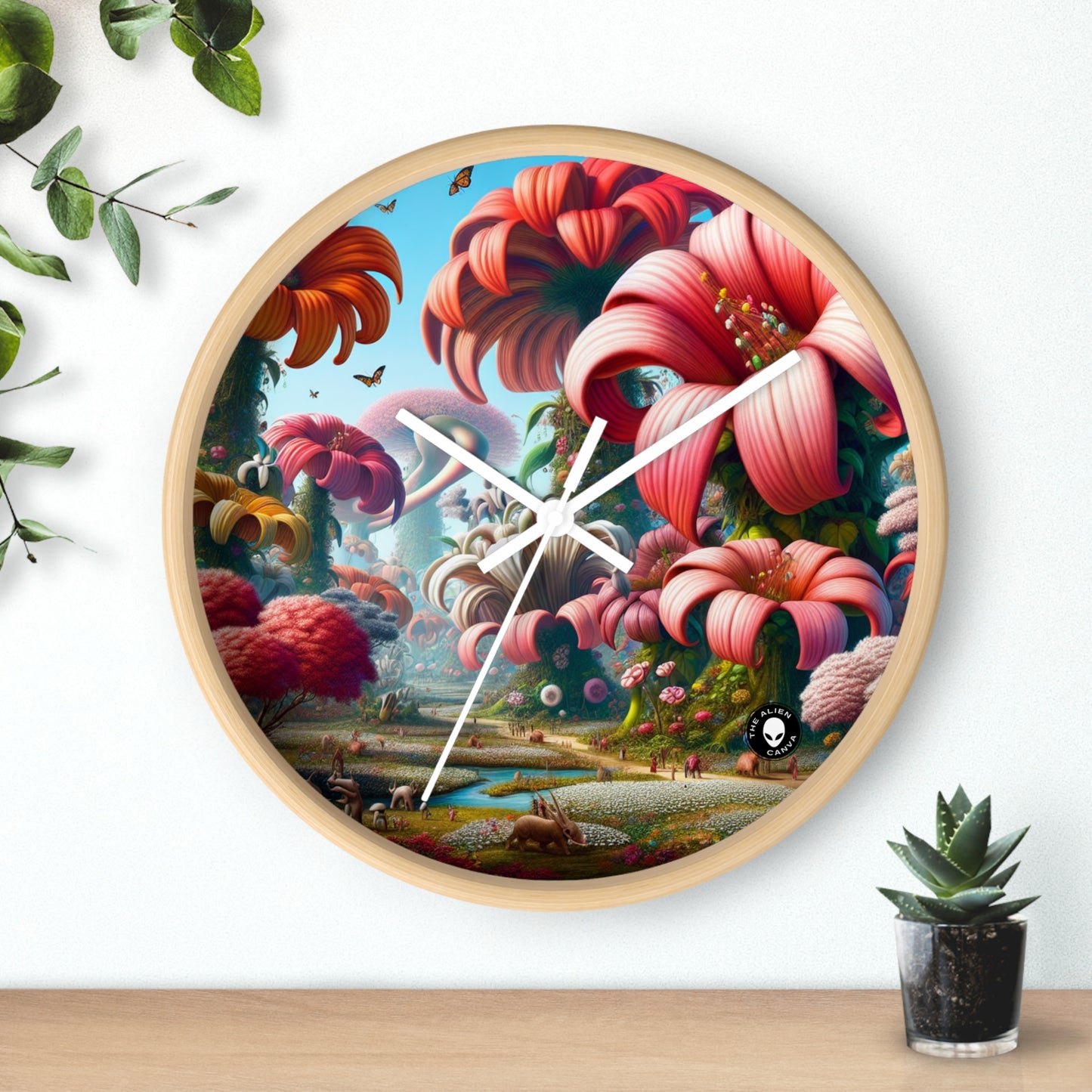 "Fanciful Garden: Big Blooms and Little Creatures" - The Alien Wall Clock